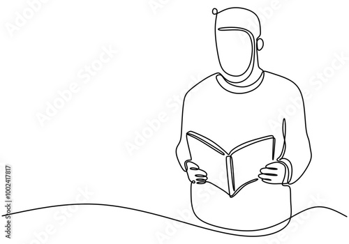Continuous line drawing of a man engrossed in a book. Illustrating the passion for reading.