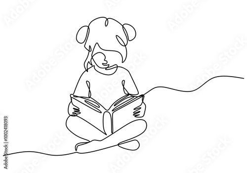 Continuous line drawing of a girl reading a book. Capturing the curiosity of youth.