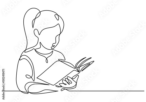 Continuous line drawing of a girl reading a book. Capturing the joy of childhood literacy.