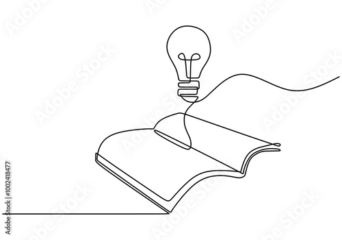 One line drawing of a light bulb on an open book. Symbolizing ideas and knowledge.
