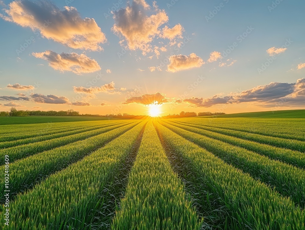 A field of green grass with a bright sun in the sky A field of green grass with a bright sun in the sky
