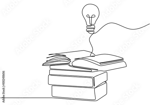 One line drawing of a light bulb on books. Combining illumination and education. photo