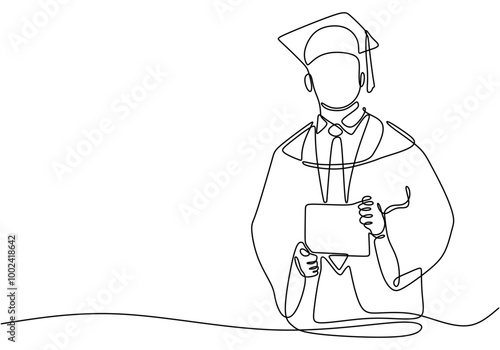 One line drawing of a man in a graduation robe. Joy of graduation in minimalist style.