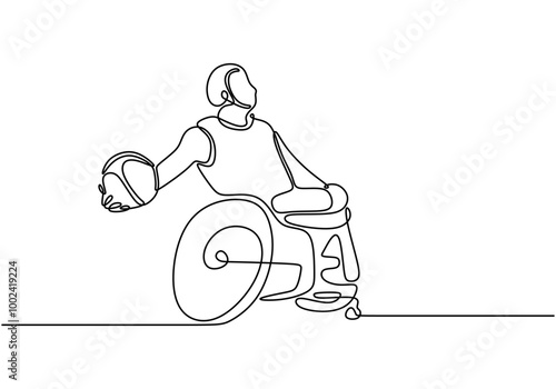 One line drawing of a person with a disability playing basketball. Celebrates sportsmanship.