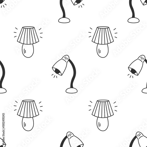 Table Lamp Doodle Seamless Pattern. Hand drawn black and white interior background with light equipment elements. Repeat vector illustration