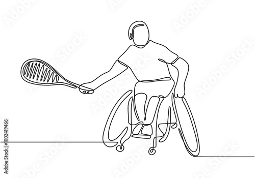 One line drawing of a disabled person playing tennis. Showcases adaptability in sports.