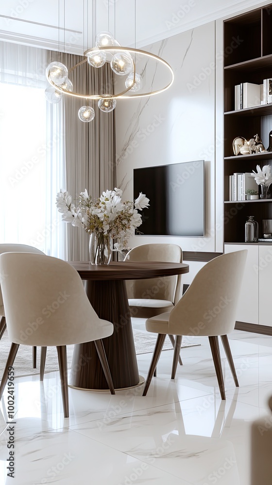 This sophisticated dining area features a round marble table surrounded by plush chairs, large windows showcasing city views, and elegant decor elements. This sophisticated dining area features a round marble table surrounded by plush chairs, large windows showcasing city views, and elegant decor elements.