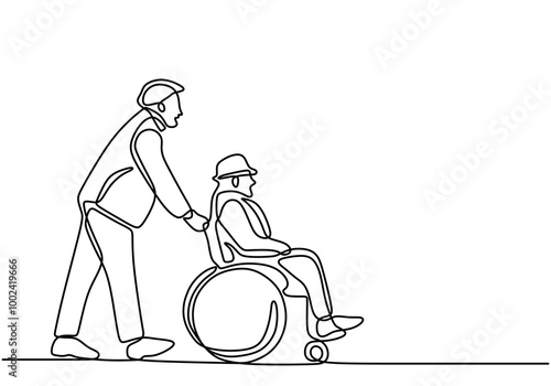 One line drawing of a man pushing another in a wheelchair. Illustrates support and camaraderie.