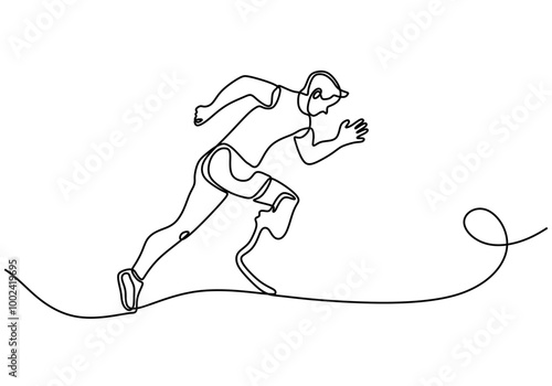 One line drawing of a person with a disability sprinting. Showcases strength and perseverance.