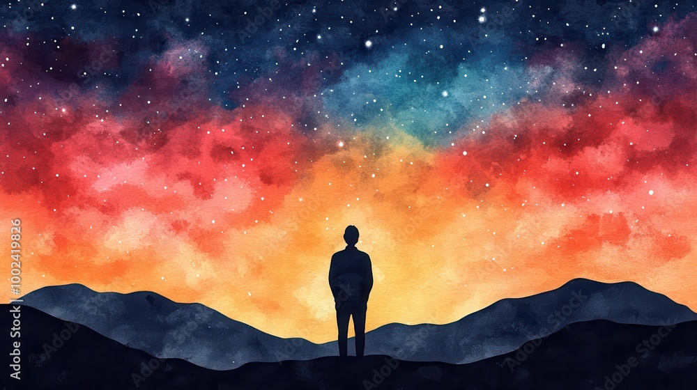Fototapeta premium Lone silhouetted figure standing amidst a dramatic ethereal landscape gazing up at the captivating vast expanse of the starry night sky in a contemplative spiritual moment