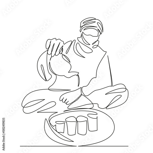 One continuous single drawing line art flat doodle people, bedouin, adult, man, drink, culture, tea - hot drink, islam, vertical. Isolated image hand draw contour on a white background