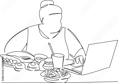 One continuous single drawing line art flat doodle fat woman sitting at laptop surrounded by large amount of food, gluttony, calories. Isolated image hand draw contour on a white background