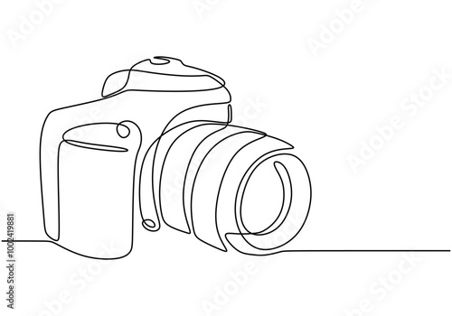 One line drawing of a digital camera capturing moments. Emphasizes modern technology.