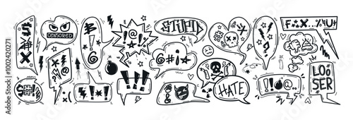 Hand drawn doodle sketch speech bubbles with insults, curses, swearwords and censored symbols. Bad words in talk frames, comic explosion boxes, dialog balloons for angry, negative expressions or hate