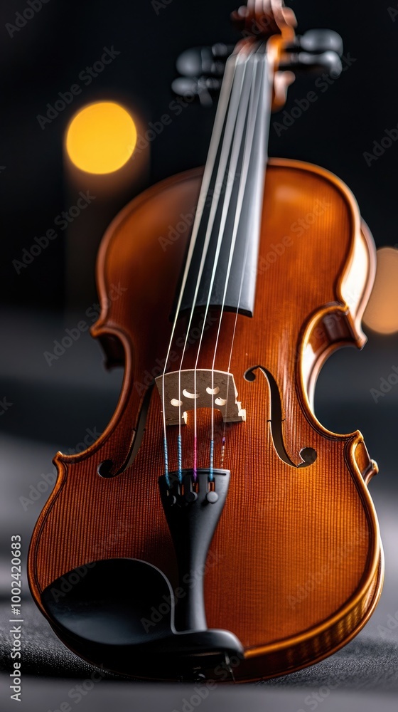 Fototapeta premium In a detailed close-up, the violin's fingerboard and strings are highlighted against a dark backdrop, with soft musical notes subtly enhancing the atmosphere of this serene setting