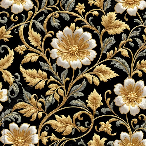 This design features round-petaled flowers and sleek, elongated leaves outlined in delicate gold thread photo