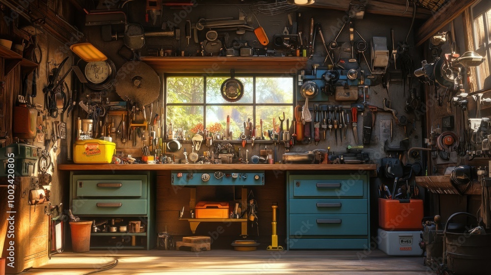 A cluttered workshop with tools, wooden beams, and a window overlooking a green forest A cluttered workshop with tools, wooden beams, and a window overlooking a green forest