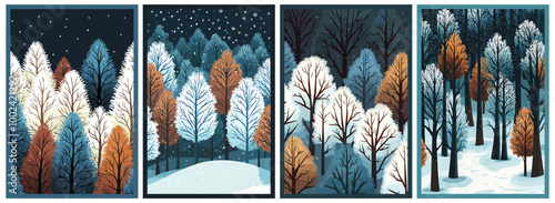 Winter forest vertical posters set. Snow snowflake falling cold season. White blue forest tree crowns snowdrifts. Christmas New year concept. Cover design templates cards. Simple flat cartoon style