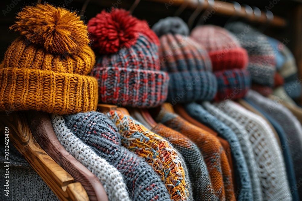 A collection of vibrant knitted hats with pom-poms and various sweaters hangs neatly on a rack in a boutique, showcasing a warm selection perfect for fall fashion A collection of vibrant knitted hats with pom-poms and various sweaters hangs neatly on a rack in a boutique, showcasing a warm selection perfect for fall fashion