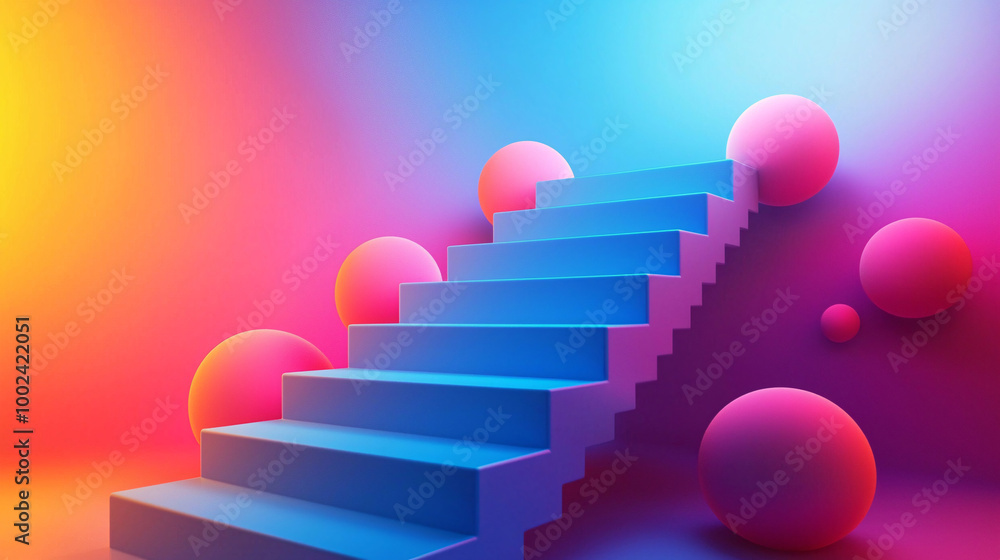 Fototapeta premium A graphic of stairs leading to a webinar platform, with each step representing a different rank or skill, embodying the concept of professional growth through technology.