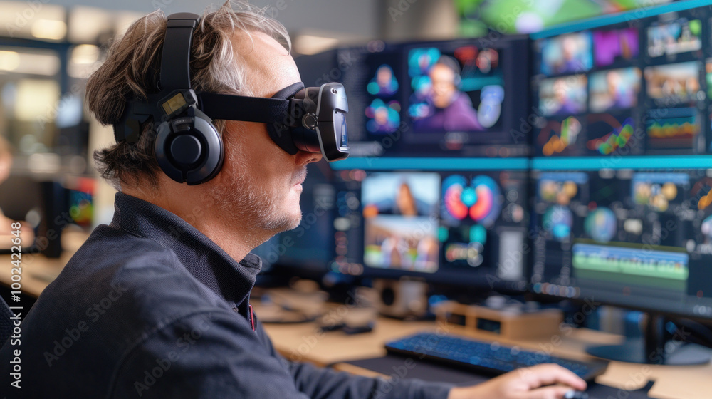 A digital content creator working in a virtual production studio with multiple monitors displaying data and charts, using VR headset with headphones A digital content creator working in a virtual production studio with multiple monitors displaying data and charts, using VR headset with headphones