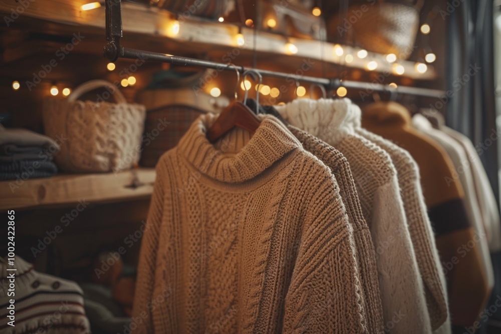 A collection of cozy knitted sweaters is displayed on wooden racks in a warm boutique. Soft lighting creates a welcoming atmosphere, perfect for autumn shopping A collection of cozy knitted sweaters is displayed on wooden racks in a warm boutique. Soft lighting creates a welcoming atmosphere, perfect for autumn shopping