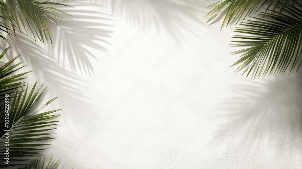 Bright sunlight casts intricate shadows of palm fronds on a smooth white wall, creating a calming tropical ambiance perfect for relaxation and leisure Bright sunlight casts intricate shadows of palm fronds on a smooth white wall, creating a calming tropical ambiance perfect for relaxation and leisure