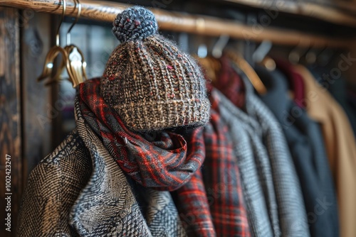 Wallpaper Mural Warm coats, scarves, and a knitted hat are neatly displayed on wooden hangers in a cozy shop. The rich textures and colors evoke a welcoming atmosphere for the winter season Torontodigital.ca