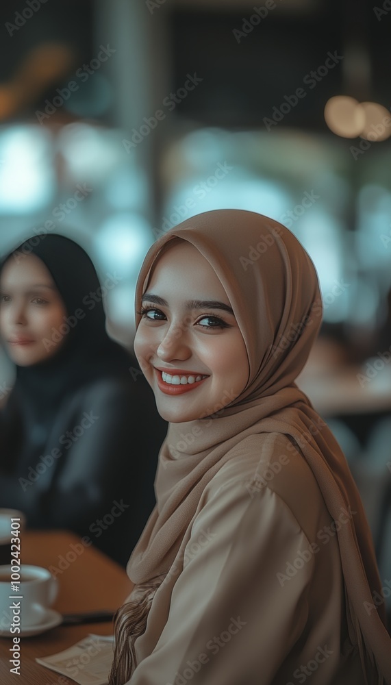 Stylish Young Muslim Woman with a Warm Smile, Relaxing in a Cafe, Enjoying a Day Out. Stylish Young Muslim Woman with a Warm Smile, Relaxing in a Cafe, Enjoying a Day Out.