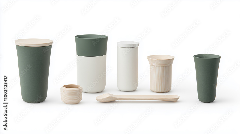A collection of green and white ceramic cups and bowls, including a spoon A collection of green and white ceramic cups and bowls, including a spoon