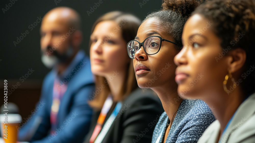 Obraz premium diverse panel of experts at a technology ethics conference, engaged in thoughtful discussion