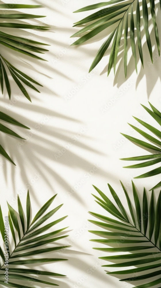 Bright sunlight casts intricate shadows of palm fronds on a smooth white wall, creating a calming tropical ambiance perfect for relaxation and leisure Bright sunlight casts intricate shadows of palm fronds on a smooth white wall, creating a calming tropical ambiance perfect for relaxation and leisure
