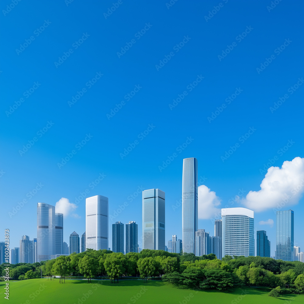 A city skyline with a clear blue sky and a lush green park in the foreground A city skyline with a clear blue sky and a lush green park in the foreground