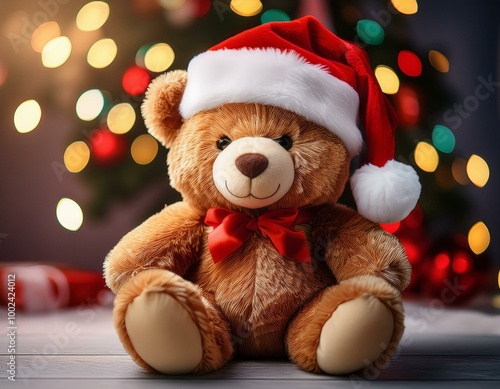 Brown Teddy bear peluche with red bow and Santa Claus hat against Christmas lights blurred background