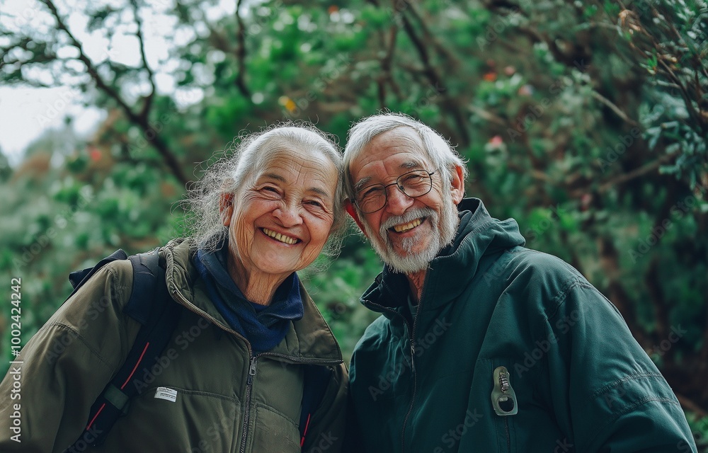 An elderly couple enjoying the great outdoors, their love evident. An elderly couple enjoying the great outdoors, their love evident.