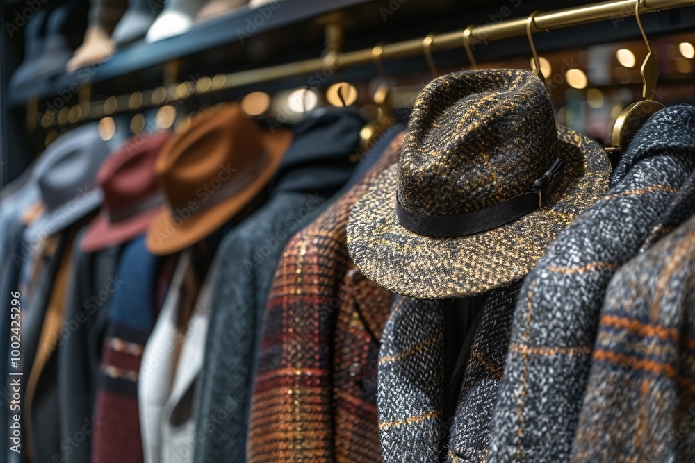 Various hats and coats are elegantly arranged on hangers in a boutique, showcasing the latest autumn fashion trends. The warm colors and textures suggest a cozy, fashionable season Various hats and coats are elegantly arranged on hangers in a boutique, showcasing the latest autumn fashion trends. The warm colors and textures suggest a cozy, fashionable season