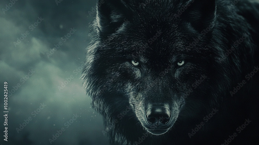 Naklejka premium A wolf's face, sharp and fierce, captured in detail against a dark backdrop The hazy sky above adds to the moody ambiance