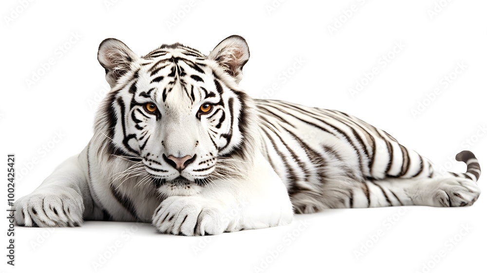 Fototapeta premium White tiger, white background, orange eyes, symmetrical composition, symmetrical close-up photo of face