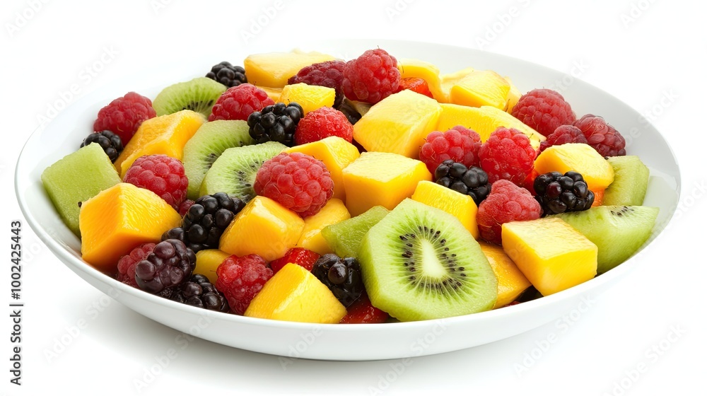 A vibrant bowl of fresh fruit salad featuring slices of kiwi, juicy mango, and assorted berries surrounded by green basil leaves. Perfect for healthy snacking A vibrant bowl of fresh fruit salad featuring slices of kiwi, juicy mango, and assorted berries surrounded by green basil leaves. Perfect for healthy snacking