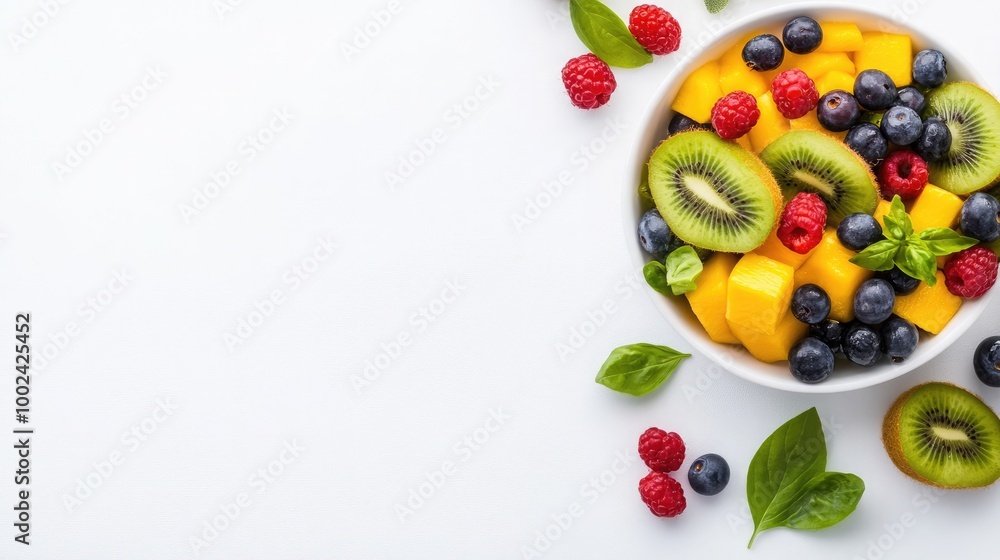 A vibrant bowl of fresh fruit salad featuring slices of kiwi, juicy mango, and assorted berries surrounded by green basil leaves. Perfect for healthy snacking A vibrant bowl of fresh fruit salad featuring slices of kiwi, juicy mango, and assorted berries surrounded by green basil leaves. Perfect for healthy snacking