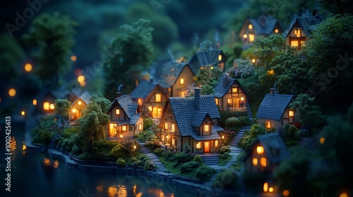 A tiny village with glowing windows sits on the riverbank, surrounded by trees and other houses at night