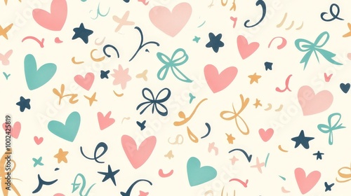 A colorful pattern of hearts and stars on a white background