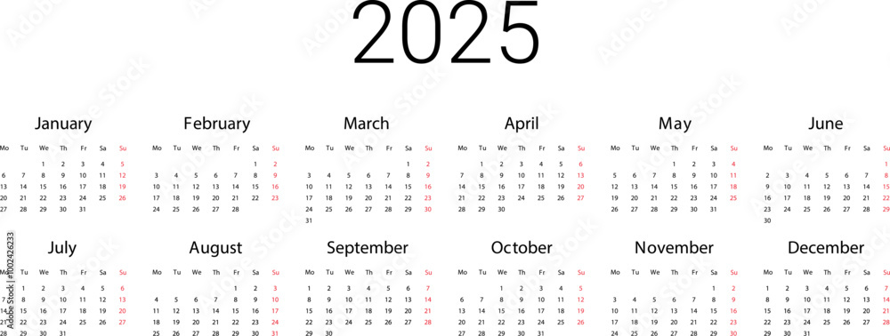 UK 2025 calendar. English Vector template start from monday. Full months for wall calendar