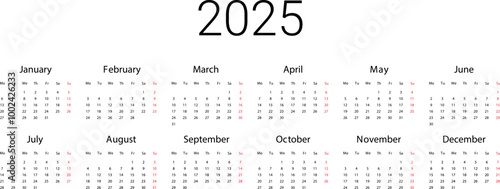 Obraz na płótnie UK 2025 calendar. English Vector template start from monday. Full months for wall calendar w salonie
