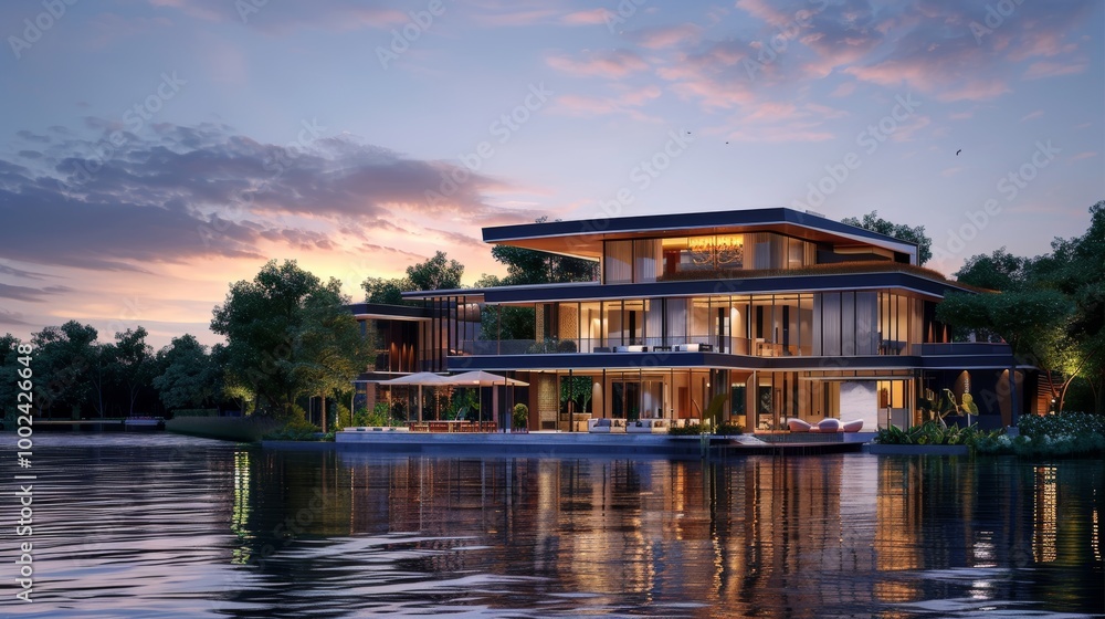 3d rendering of modern house by the river at morning, house, luxury, villa, modern, architecture, building, exterior, residential, property, designer 3d rendering of modern house by the river at morning, house, luxury, villa, modern, architecture, building, exterior, residential, property, designer