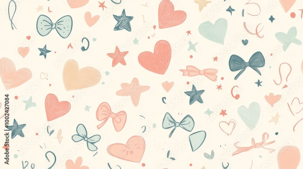 A colorful pattern of hearts and bows is displayed on a white background A colorful pattern of hearts and bows is displayed on a white background