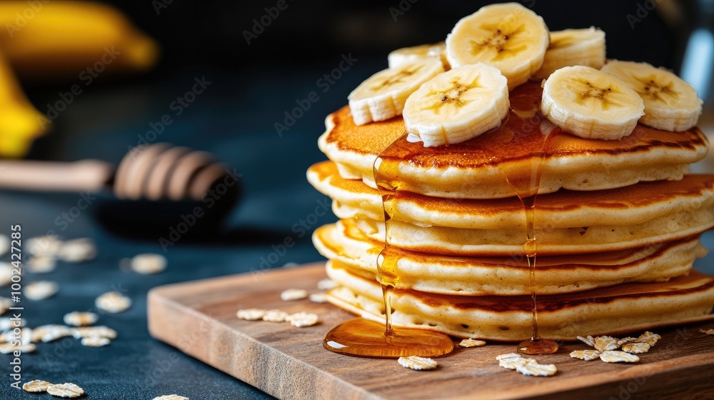 A delicious stack of fluffy pancakes topped with sliced bananas and a drizzle of honey creates a cozy breakfast setting, enhanced by soft natural lighting A delicious stack of fluffy pancakes topped with sliced bananas and a drizzle of honey creates a cozy breakfast setting, enhanced by soft natural lighting