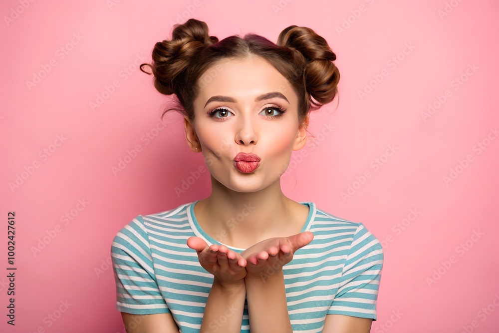 Portrait of cute lovely girl in casual outfit with modern hairdo sending blowing kiss with pout lips looking at camera isolated on pink background. Affection feelings concept Portrait of cute lovely girl in casual outfit with modern hairdo sending blowing kiss with pout lips looking at camera isolated on pink background. Affection feelings concept