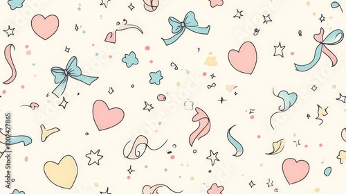 A colorful pattern of hearts and bows