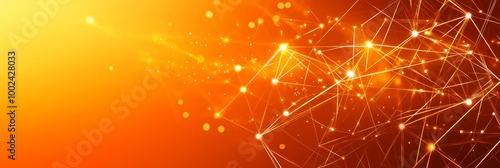 Abstract Orange Technology Background with Connecting Lines, Dots, Triangles, and Bokeh
